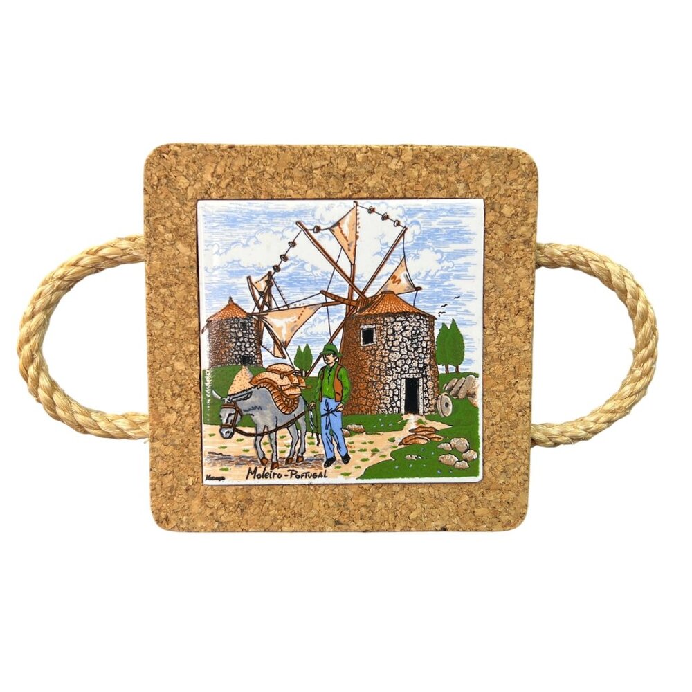 VTG Portugal Decorative Ceramic Tile Trivet Rope Handles Moleiro Donkey Windmill